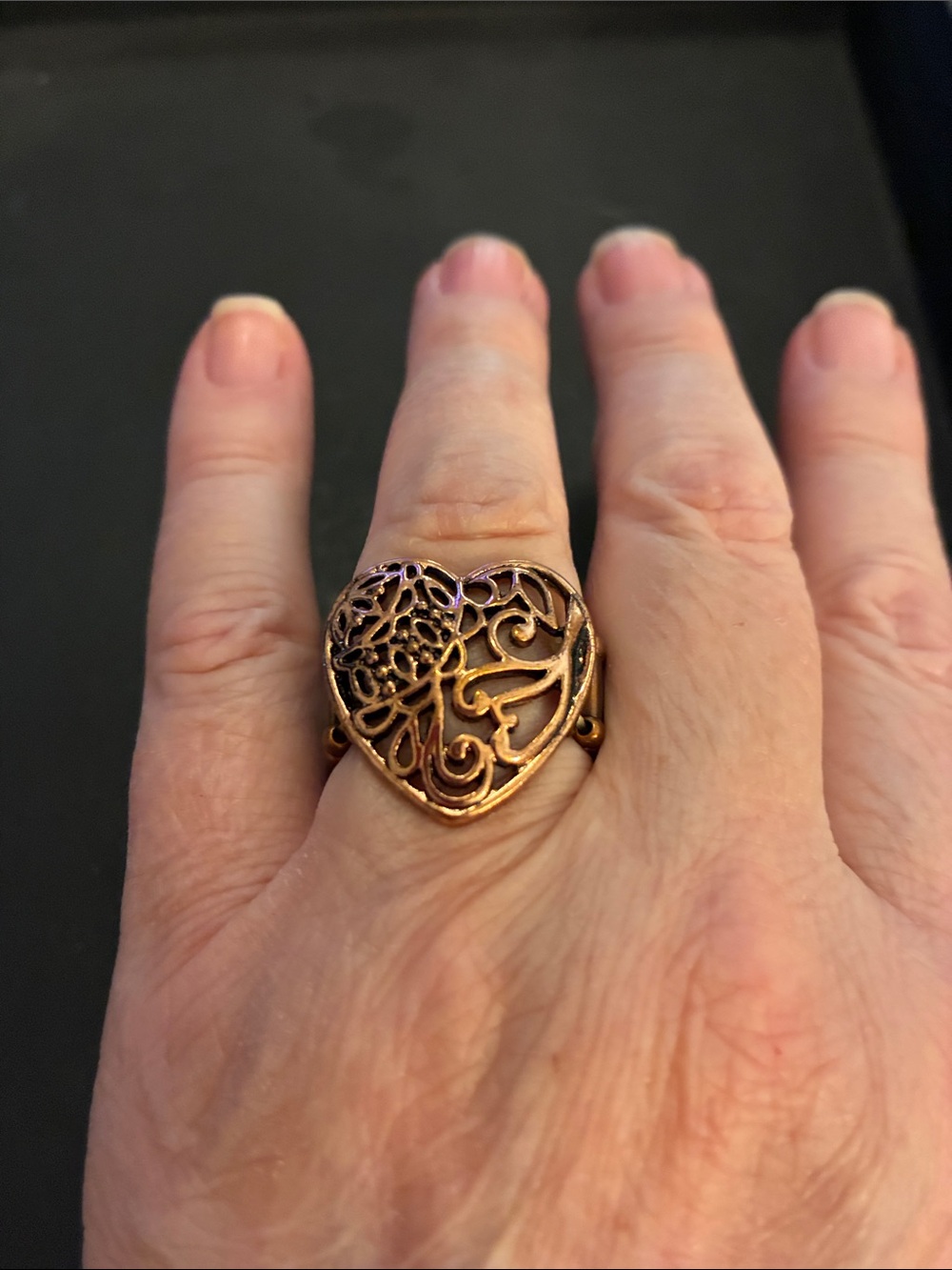 Openwork Heart Filigree Stretch Ring - Copper Tone